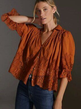 By Anthropologie Victorian Sheer Lace Blouse Size S